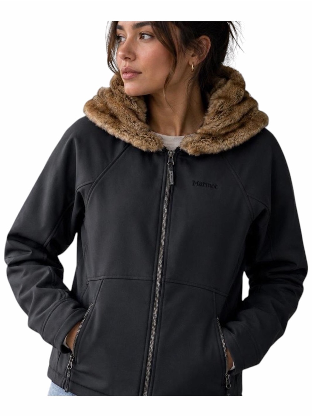 Marmot Furlong Fleece Lined Softshell Jacket Brown Faux-Fur Hood